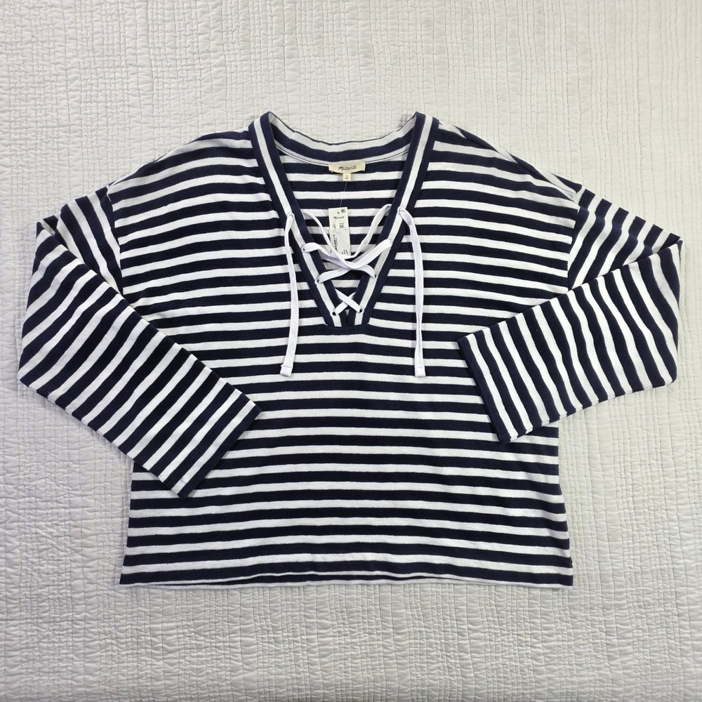 Madewell NWT Navy White Striped Lace Up V-Neck Long Sleeve Cotton Top Size L